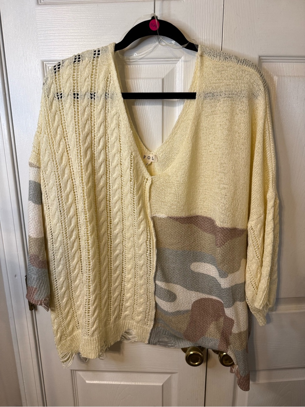 POL Mixed-Knit V-Neck Sweater in Light Yellow with Camouflage Panels